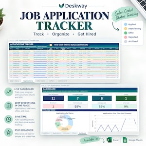 Job Application Tracker | Google Sheets & Excel Spreadsheet | Interview and Offer Dashboard Log Career Planner | Instant Download