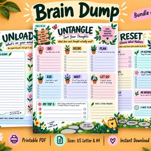 Könnte beinhalten: Ein Set aus drei druckbaren Seiten mit den Titeln Brain Dump, Untangle und Reset. Jede Seite enthält farbenfrohe Blumenillustrationen, Checklisten und Aufforderungen zur Gedankenorganisation, einschließlich Abschnitten wie Do, Decide, Plan, Ask, Wait und Let Go.