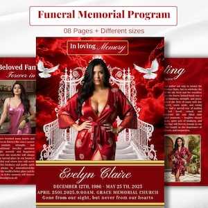 May include: A funeral memorial program template featuring a red background with clouds, white doves, and a white staircase. The text includes "Funeral Memorial Program," "In loving Memory," "Evelyn Claire," and dates from 1986 to 2025.