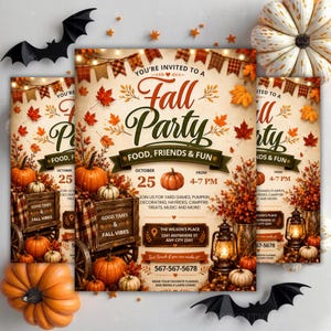 May include: A Fall Party invitation flyer featuring a wooden wagon filled with pumpkins, autumn leaves, and a lantern. The text reads: You're Invited to a Fall Party, Food, Friends & Fun, October 25, 4-7 PM, The Wilson's Place 3341 Anywhere St, 567-567-5678.