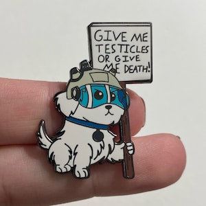 Sign-Wielding Snowball Enamel Pin - Funny Dog Festival Accessory - Hilarious Rebellion