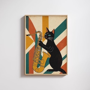 May include: A framed wall art print featuring a black cat playing a yellow saxophone. The background consists of a geometric pattern with diagonal stripes in shades of teal, orange, and yellow, set against a light cream-colored backdrop.