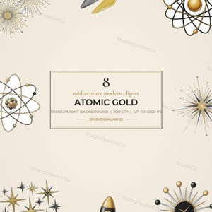 Atomic Gold Mid-Century Clipart, 8 PNG Starburst Retro 1950-talet, MCM Atomic Elements, Svartguld, Transparent Bakgrund