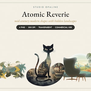 May include: A digital graphic set titled Studio Opaline Atomic Reverie featuring four PNG files. The images include abstract organic shapes with starbursts, a black cat silhouette containing a city street scene, and a room with a chair and plant.