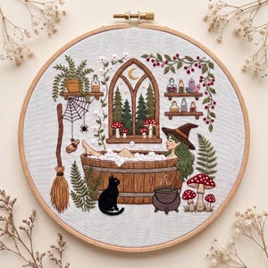Customized pattern,Witch Bath Embroidery Kit - Whimsical Cottagecore Woodland Witchy Art Gift for Her -Relaxing Magical Forest Hobby Project