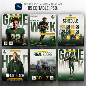 May include: A digital sports social media template set featuring nine editable PSD files. The graphics display football players in green uniforms, a head coach, game schedules, and final scores with bold text overlays like GAME DAY and PLAYER OF THE WEEK.