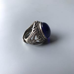 Antik silverpläterad oval blå ädelstensring | Drakefiligran justerbar statementring