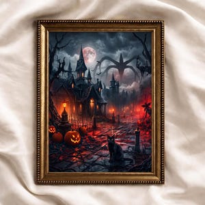 May include: A framed wall art print depicting a dark gothic mansion under a full moon with a black cat sitting on a stone path in the foreground. Several glowing jack-o'-lanterns are scattered near the house, and a large shadowy creature looms in the cloudy sky above the structure.