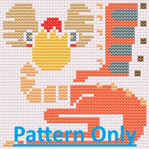 May include: A cross-stitch pattern featuring a stylized creature with a yellow circular head, red crest, and tan antlers. The body is orange with a long tail and a vertical wing section containing gray rectangular segments. The text Pattern Only is visible.