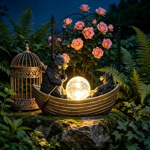 Könnte beinhalten: Ein dekoratives Gartenornament mit zwei schwarzen Bärenfiguren in einem goldfarbenen Boot, wobei ein Bär ein Ruder hält. Zwischen den Bären befindet sich eine leuchtende, kugelförmige Lampe aus Craquelé-Glas. Links vom Boot steht ein Vogelkäfig.