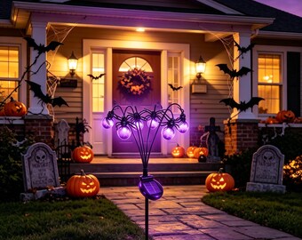 Luces solares con forma de araña para Halloween, luces LED moradas con forma de araña para caminos, decoración impermeable para exteriores, adorno espeluznante para el jardín o el césped en Halloween.