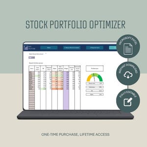 Op de afbeelding: Een digitaal spreadsheet voor het optimaliseren van aandelenportefeuilles op een laptopscherm. De interface bevat een gegevenstabel met kolommen voor aandelenstatistieken, een risicometer en drie ronde iconen die Microsoft Excel-compatibiliteit, directe download en volledige bewerkbaarheid aangeven.