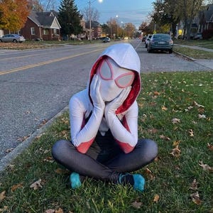 May include: A full-body Spider-Gwen costume featuring a white hooded top with pink and purple web patterns on the sides, a black torso section, and black leggings. The mask is white with large pink-rimmed eye lenses and a red interior hood lining.