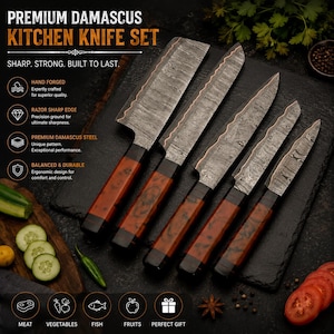 May include: A set of five kitchen knives with Damascus steel blades featuring a wavy pattern and dark orange marbled handles. The text on the image reads PREMIUM DAMASCUS KITCHEN KNIFE SET, SHARP. STRONG. BUILT TO LAST, and lists features like hand forged.