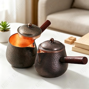 Personalized Solid Copper Large capacity Tea Pot,Copper Roasting Kettle with Custom Engraved Wooden Handle, Kitchen Gift,Housewarming Gifts