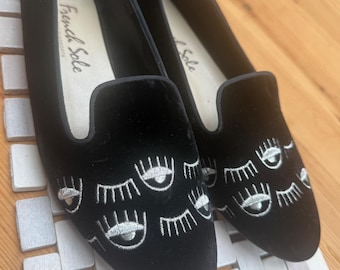 French Sole Jane Winkworth Black Velvet Eye Embroidered Loafers EU40 UK 6.5
