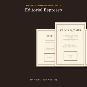 Op de afbeelding: Een bewerkbare Canva-trouwset genaamd Editorial Espresso met crèmekleurige uitnodigings- en RSVP-kaarten met donkerbruine tekst en randen. De tekst bevat de namen Olivia & James en de datum 19 september 2026 en locatie The Willow Estate.