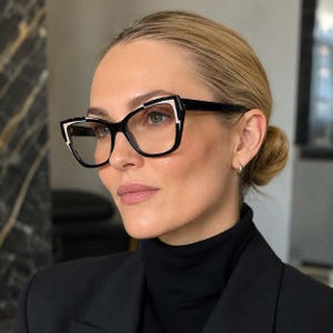 May include: Cat-eye glasses featuring a glossy black frame with white geometric accents on the outer corners. The lenses are clear and transparent, set within a bold, angular frame design that extends slightly upward at the temples for a defined look.