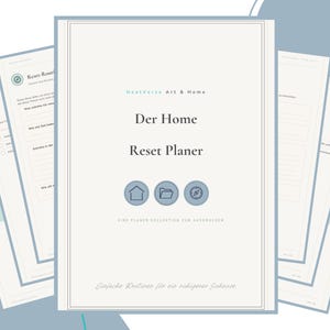 Könnte beinhalten: Ein ausdruckbarer Planer mit dem Titel Der Home Reset Planer von NeatVerse Art & Home. Das Deckblatt hat einen hellbeigen Hintergrund mit dunkler Schrift, drei kreisförmige Symbole mit Haus, Ordner und Kompass sowie den Satz Einfache Routinen für ein ruhigeres Zuhause.