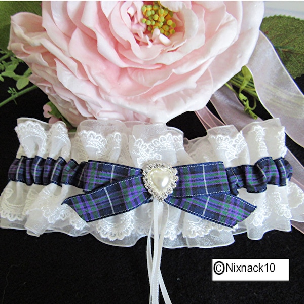 WEDDING GARTER, IVORY,Highland pride tartan, diamante heart, ribbons