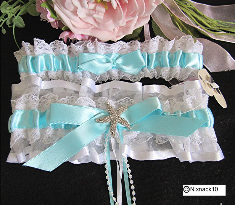 WHITE AQUA BLUE Wedding garter set diamante starfish
