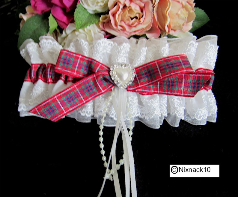WEDDING GARTER pearls bow fraser tartan IVORY diamante heart