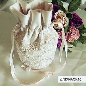 Borsa da sposa/portamonete color champagne chiaro, pizzo, paillettes e perle