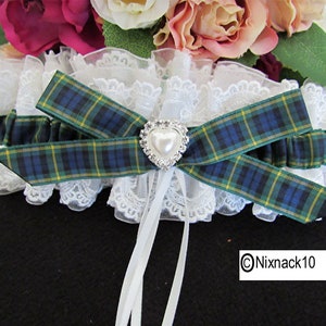 WEDDING GARTER, ivory, gordon tartan, , bow, diamante heart
