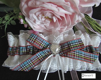 WEDDING GARTER, IVORY, Anderson tartan, boog, diamante hart