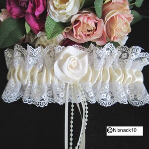 WEDDING GARTER, IVORY, cream rose, pearls, ribbon