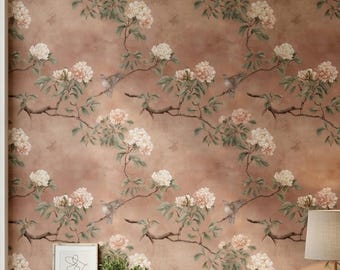 Tapeta kwiatowo-botaniczna z kwiatami piwonii w stylu chinoiserie