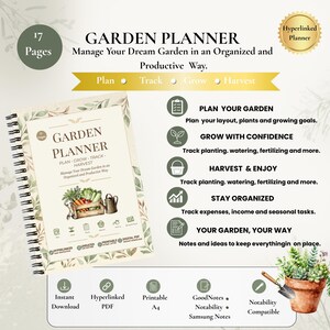 Op de afbeelding: Een spiraalgebonden tuinplanner met 17 pagina's, voorzien van een botanische rand, een kist met groenten en een gieter. De tekst bevat Garden Planner, Plan, Track, Grow, Harvest en secties voor het plannen, kweken en organiseren van de tuin.