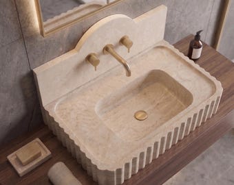Natural Travertine Marble Sink, Custom Designed Wall-Mounted Washbasin, Stone Washbasin and Back Panel, Handmade Toilet Washbasin