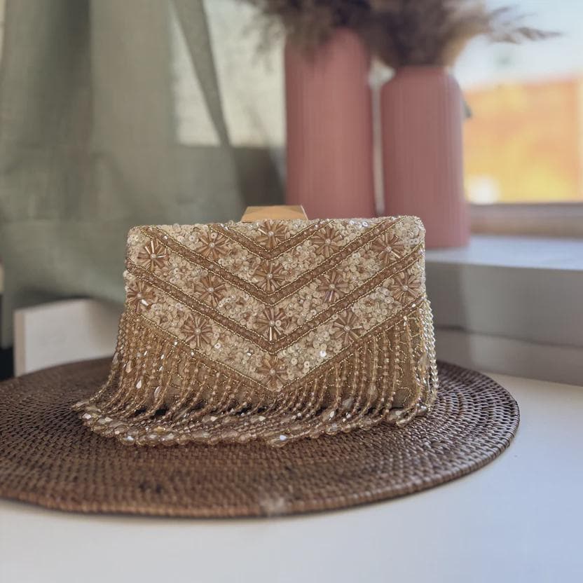 Handmade Champagne Beaded Fringe Clutch, Art Deco Sequin Wedding Purse