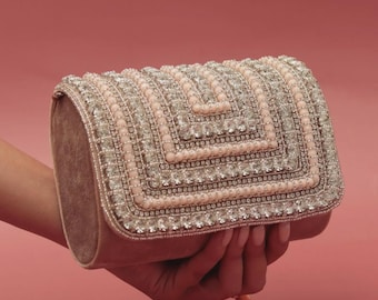 Blush Pink Beaded Clutch, Handmade Crystal Evening Bag, Bridal Wedding Purse, Luxury Cocktail Clutch, Formal Party Handbag
