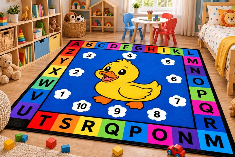 Bright Rug Fun Kids Playroom Rug, Alphabet & Numbers Duck Rug, Colorful Education ...