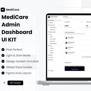 Pode incluir: Uma tela de laptop exibindo o kit de interface de usuário MediCare Admin Dashboard, com uma interface branca limpa, texto preto, menus de navegação, listas de consultas de pacientes e botões de ação rápida para software.