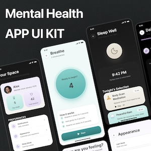 以下が含まれることがあります： 複数のスマートフォン画面に表示されたメンタルヘルスアプリ用のデジタルUIキット。インターフェースはダークテーマとライトテーマで構成され、呼吸法、睡眠トラッキング、日々の振り返り、ユーザープロファイル設定などのセクションが含まれています。