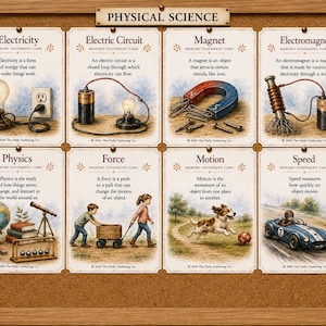 May include: A cork notice board with a wooden frame displaying eight Physical Science memory statement cards. Each card features educational illustrations and text covering topics like electricity, circuits, magnets, physics, force, motion, and speed.