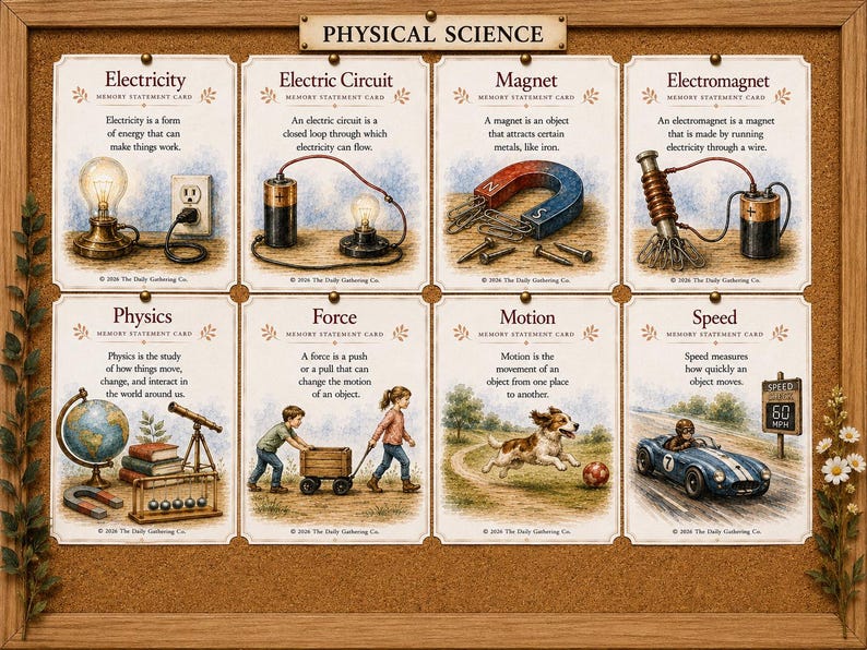 May include: A cork notice board with a wooden frame displaying eight Physical Science memory statement cards. Each card features educational illustrations and text covering topics like electricity, circuits, magnets, physics, force, motion, and speed.