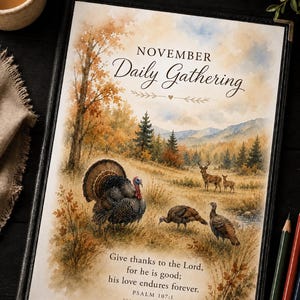May include: A rectangular calendar titled November Daily Gathering featuring a watercolor illustration of a turkey, deer, and autumn landscape. The text reads Give thanks to the Lord, for he is good; his love endures forever. PSALM 107:1 and 2026.