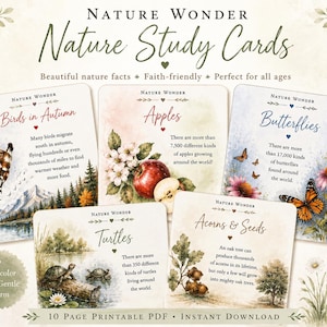 May include: A set of five Nature Wonder Nature Study Cards featuring watercolour illustrations of birds, apples, butterflies, turtles, and acorns. Each card includes educational text about nature, such as facts about migration and species counts.