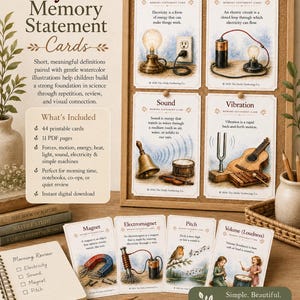 May include: A set of Physics Memory Statement Cards featuring watercolour illustrations and definitions for concepts like electricity, sound, and magnets. The cards are displayed on a cork board and a wooden surface, accompanied by a spiral-bound notebook.