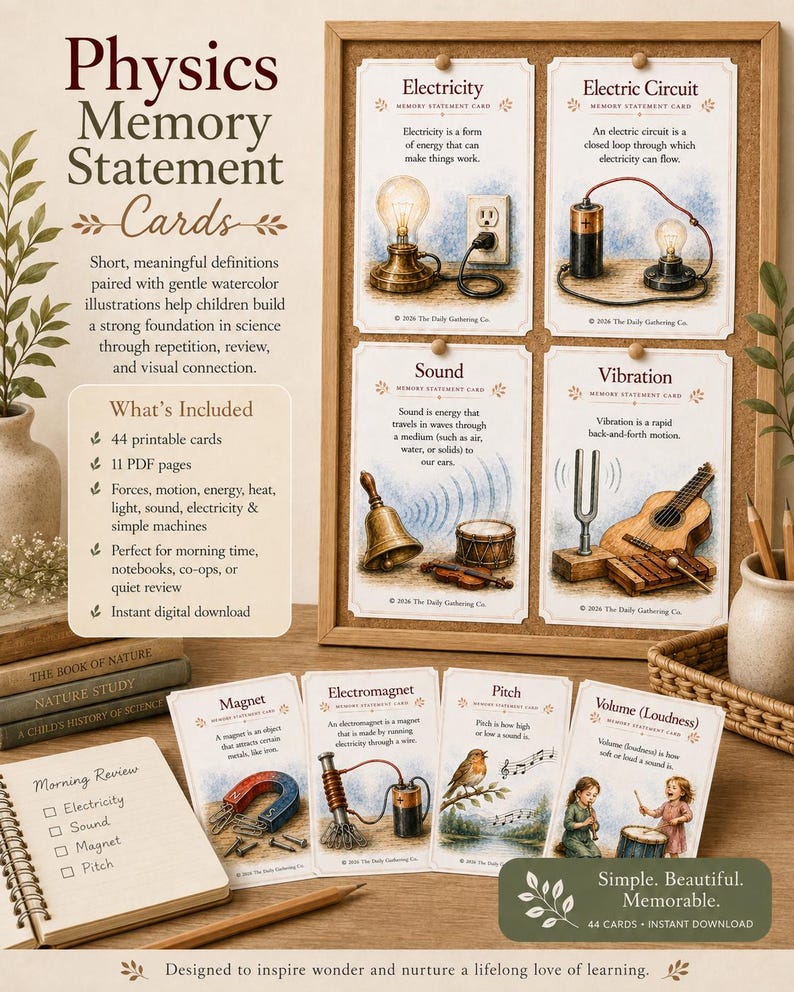 May include: A set of Physics Memory Statement Cards featuring watercolour illustrations and definitions for concepts like electricity, sound, and magnets. The cards are displayed on a cork board and a wooden surface, accompanied by a spiral-bound notebook.