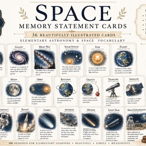 May include: A set of 36 printable space memory statement cards featuring illustrations and definitions of astronomical terms like galaxy, solar system, and planet. The cards are arranged in a grid with text headers and decorative elements.