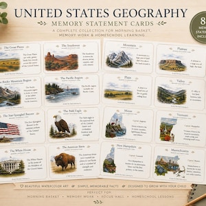 May include: A set of United States Geography memory statement cards featuring watercolour illustrations of landmarks, states, and natural features. Each card includes a title, a descriptive paragraph, and a small circular badge stating 84 cards included.