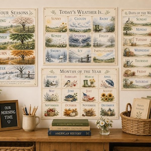 May include: Four rectangular wall charts featuring illustrations of the Four Seasons, Today's Weather Is, Days of the Week, and Months of the Year. Each chart displays seasonal landscapes, weather conditions, and calendar labels in a vintage style.