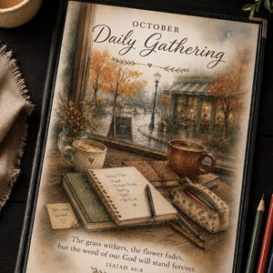 May include: A rectangular planner titled October Daily Gathering featuring a watercolor illustration of a rainy street scene, two coffee mugs, a spiral notebook with a daily plan, a pencil case, and the Bible verse Isaiah 40:8 printed at the bottom.