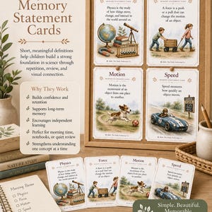 May include: A set of Physics Memory Statement Cards featuring educational illustrations and definitions for physics, force, motion, and speed. The cards are displayed on a cork board and on a wooden surface, accompanied by a notebook and books.