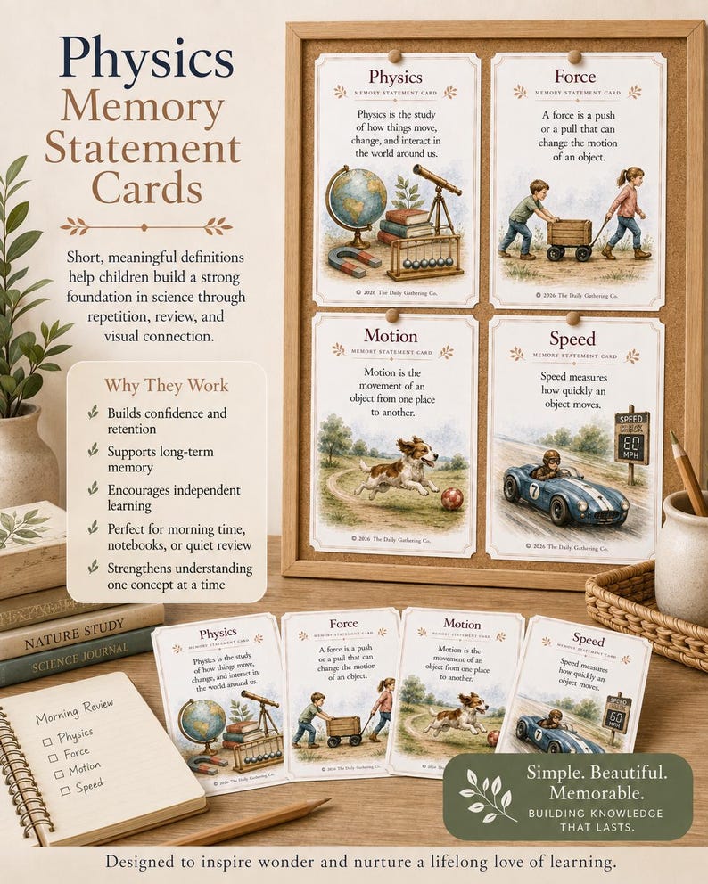 May include: A set of Physics Memory Statement Cards featuring educational illustrations and definitions for physics, force, motion, and speed. The cards are displayed on a cork board and on a wooden surface, accompanied by a notebook and books.